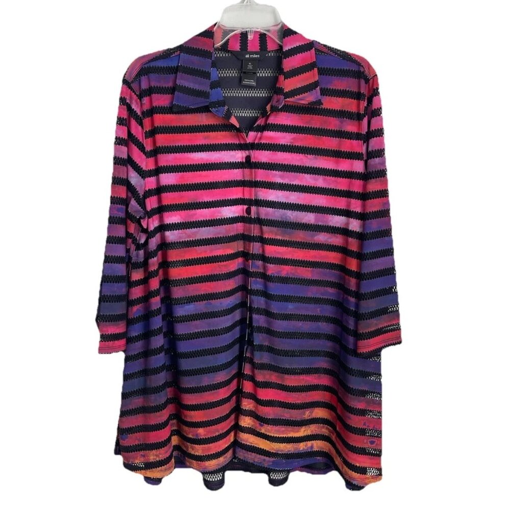 Ali Miles Multicolor Striped Semi Sheer Button Down Tunic 3/4 Sleeve Art